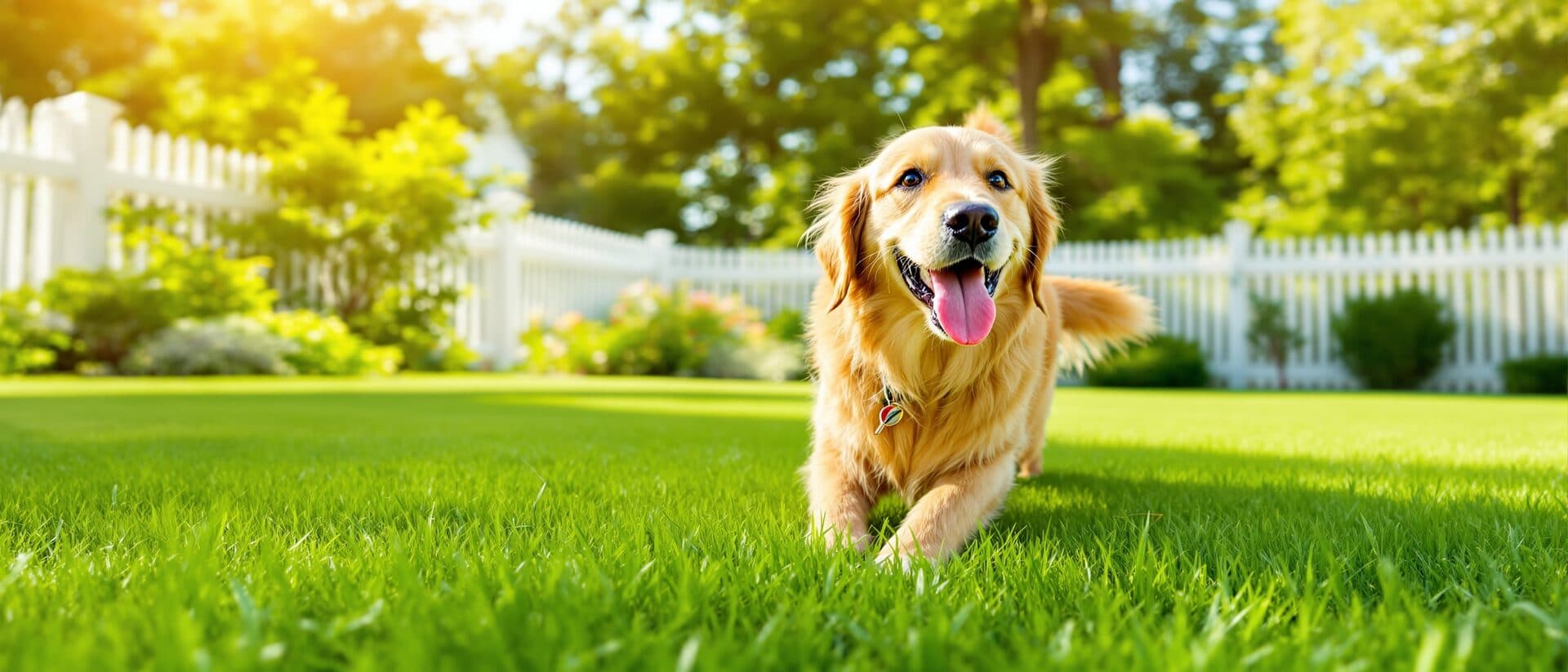 Happy dog on a freshly mowed lawn